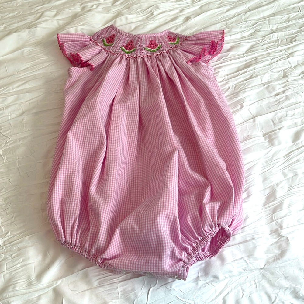 petit Bebe brand Watermelon and pink gingham bubble outfit